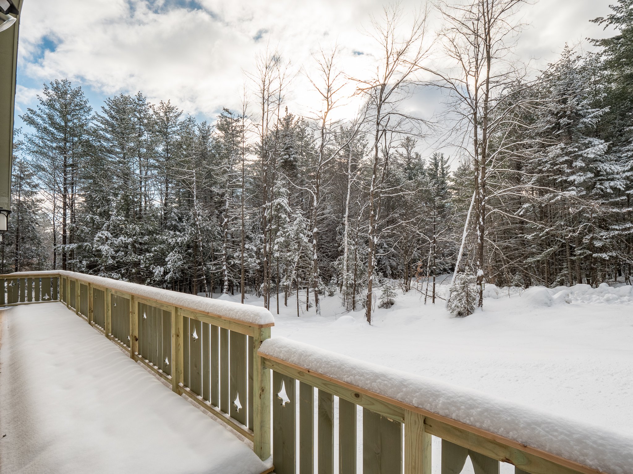 Snow-covered wooden deck overlooking a forest with snow-laden trees on a cloudy day.