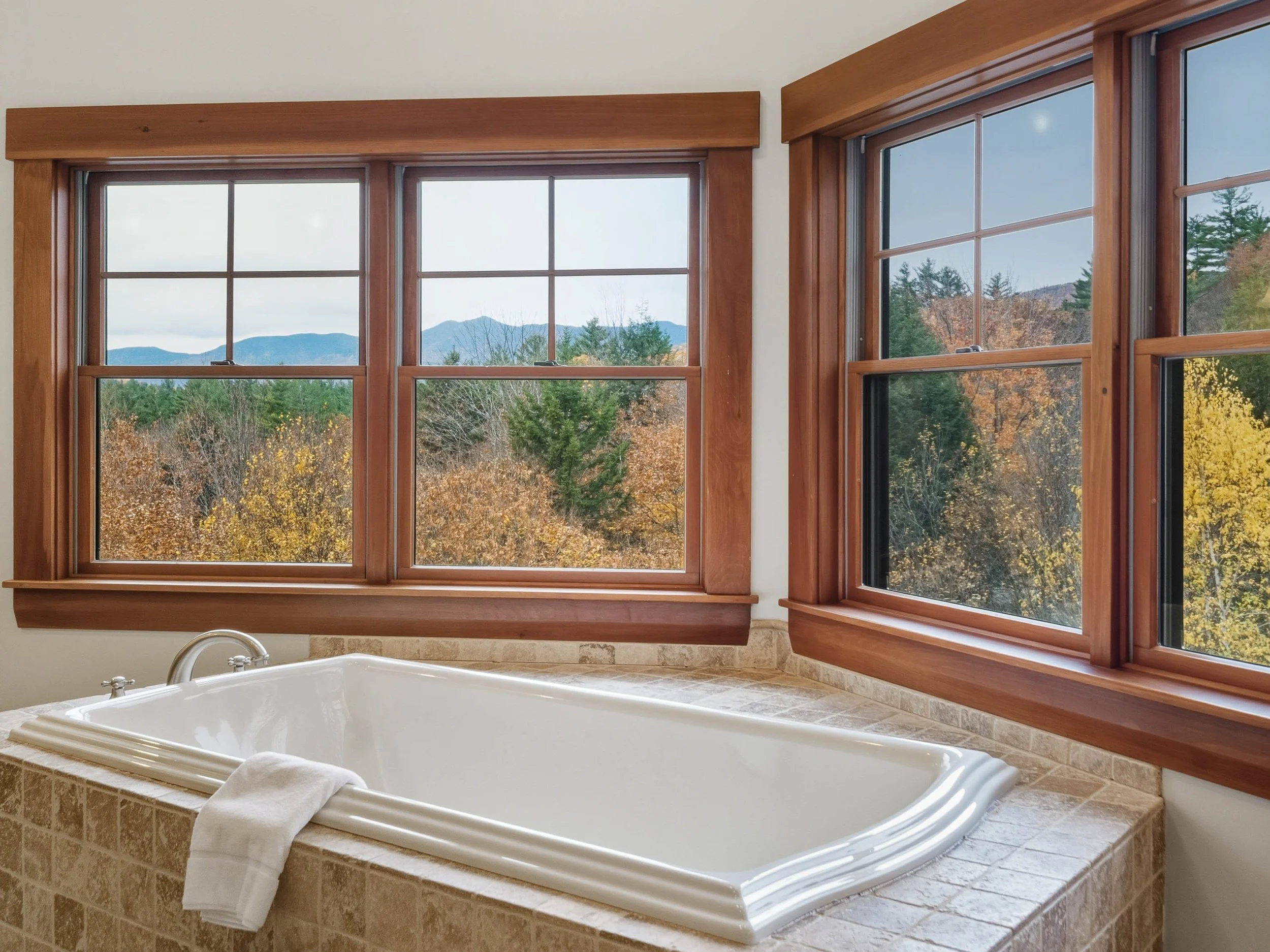 Bathroom with a white bathtub below three large wooden-framed windows showing a view of trees and mountains with autumn foliage and blue sky.