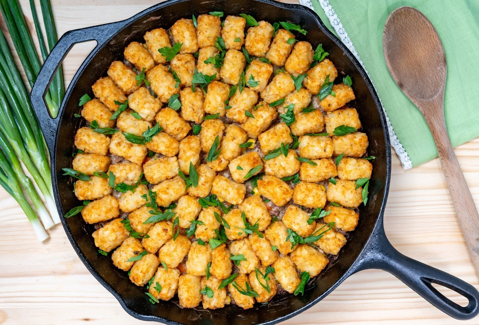 Tater Tot Hotdish Casserole Baked in Cast Iron Skillet
