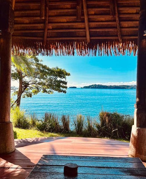 View from a tropical hut overlooking a serene blue ocean with a lush island in the background, framed by palm trees and wooden posts, under a clear blue sky.