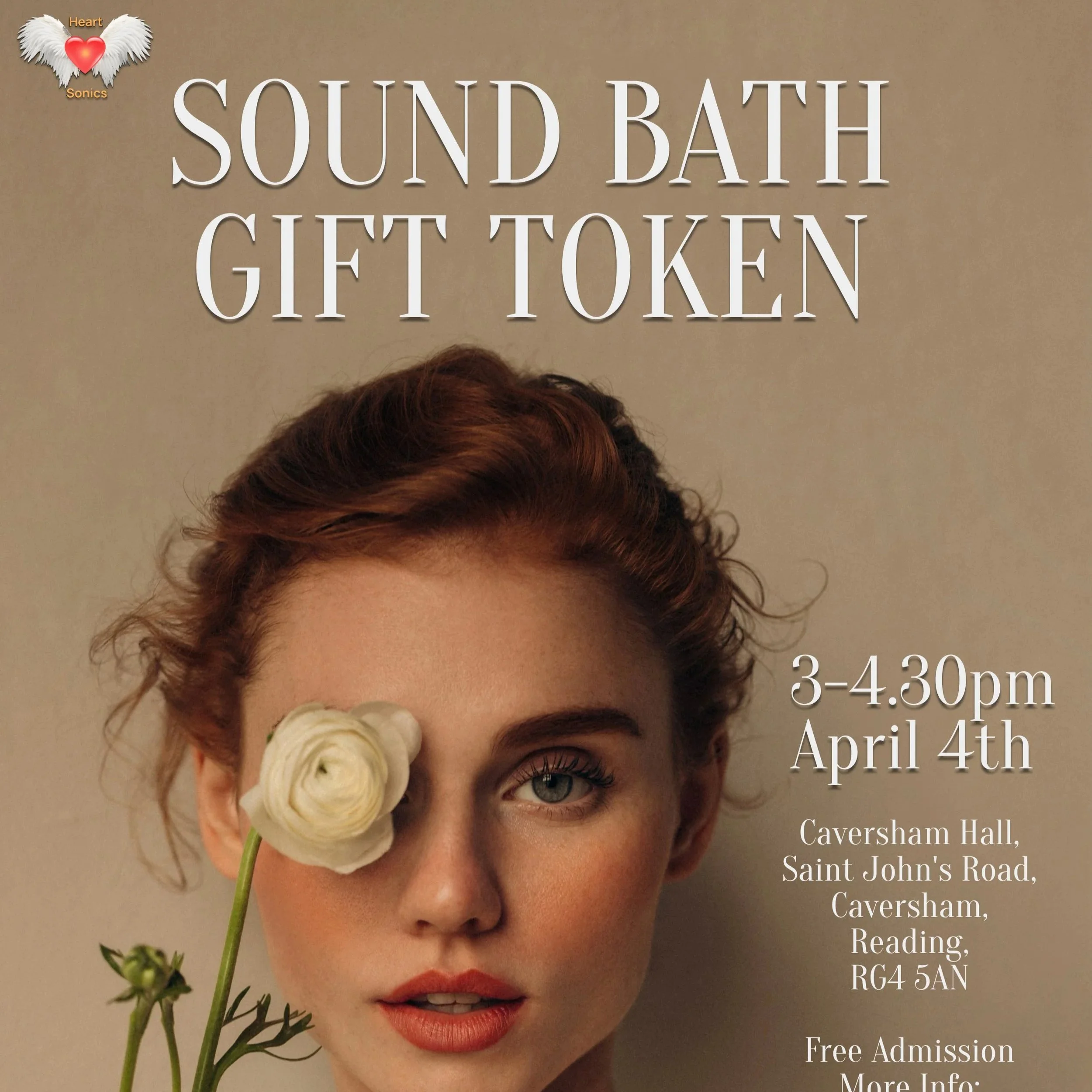 Event poster advertising a sound bath gift token, showing a woman with red hair and blue eyes holding a white ranunculus flower in front of her eye, with event details overlayed.
