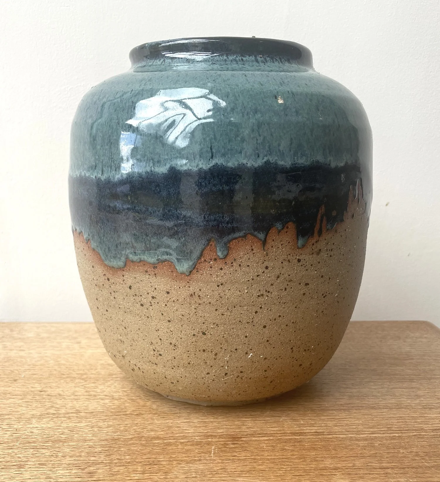 large vase in blue and green drippy glaze