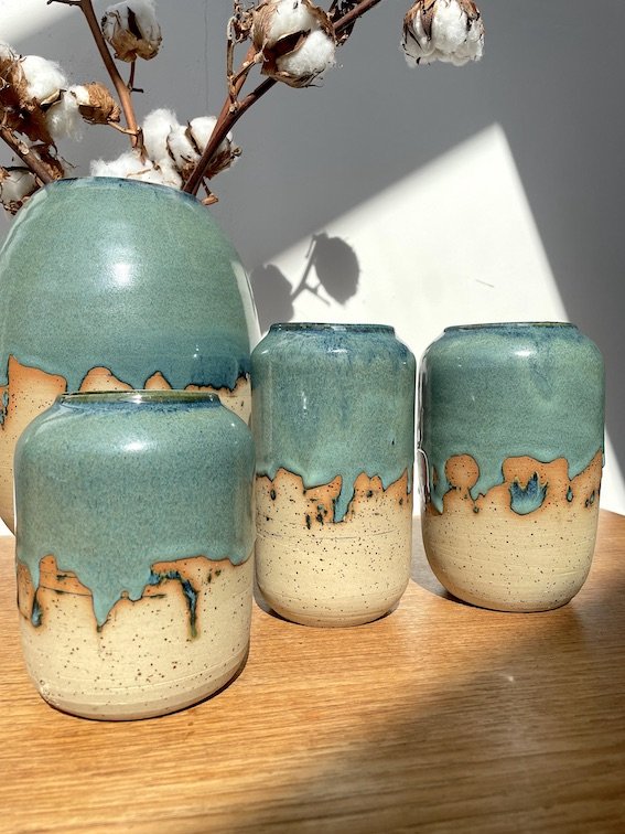Set of ceramic vases with blue and beige glaze perfect as vases rf ornimental items