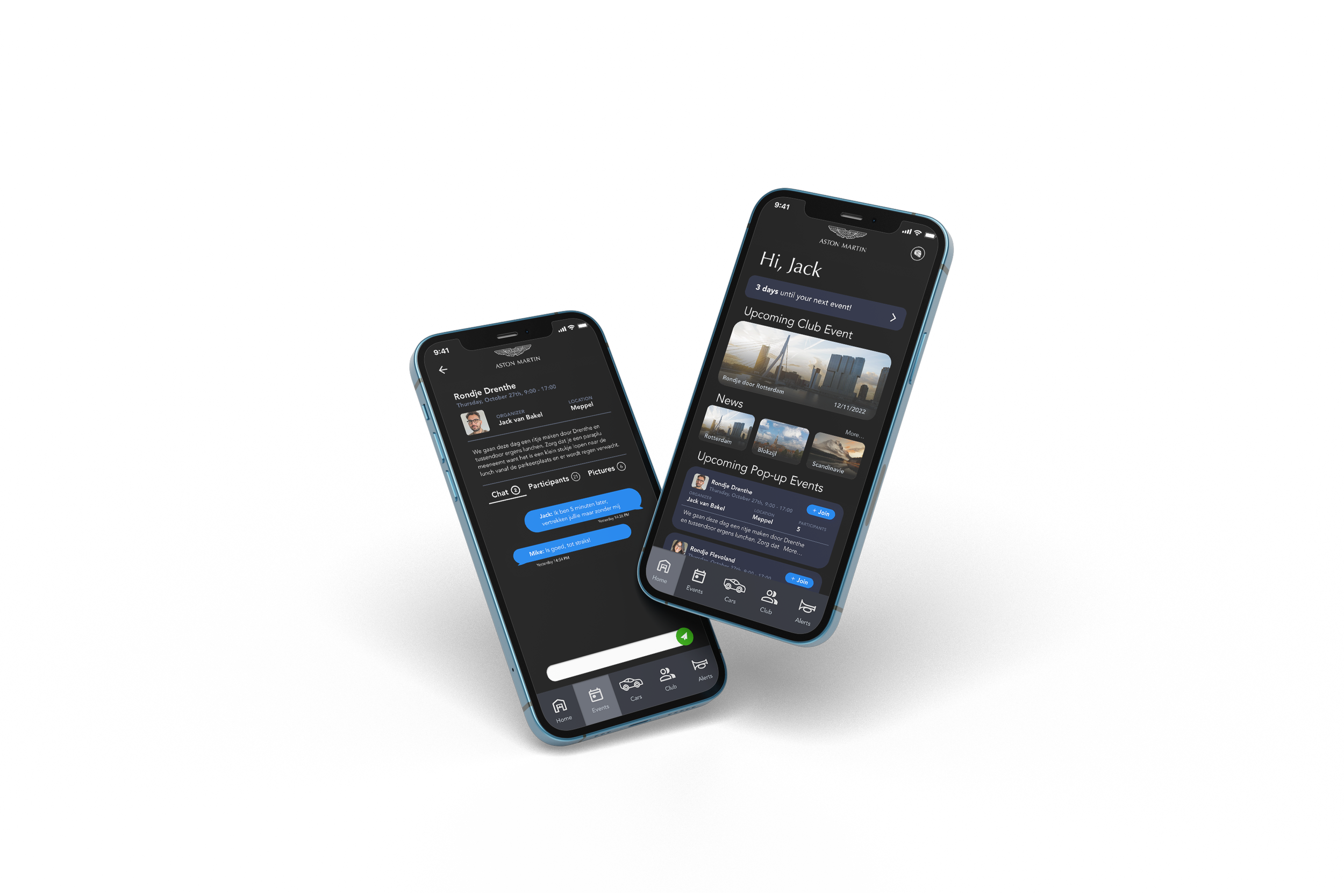 Twee smartphones met een app voor een autoclub, met informatie over evenementen, nieuws en chatberichten.