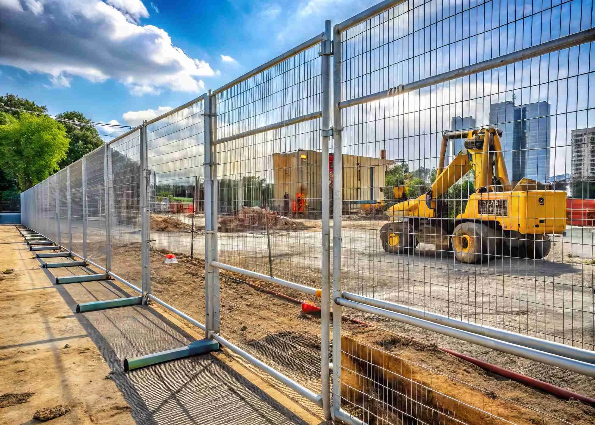 Temporary perimeter fencing enclosing construction equipment and an active work area
