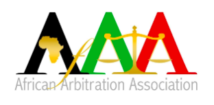 Logo of the African Arbitration Association featuring stylized letters A, A, and A in black, green, and red with a gold scale of justice.