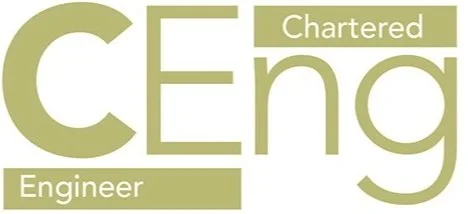 Logo for Chartered Engineer and Engineer with text in greenish beige shades.