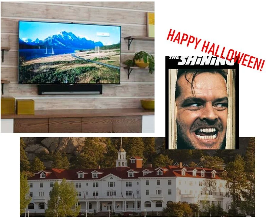 We were at a photoshoot in early 2015, thinking about the perfect image for the big new flat screen TV in this family room. We wanted lots of BLUE. One of us had recently watched &ldquo;The Shining&rdquo;, remembering the opening scene of that long d