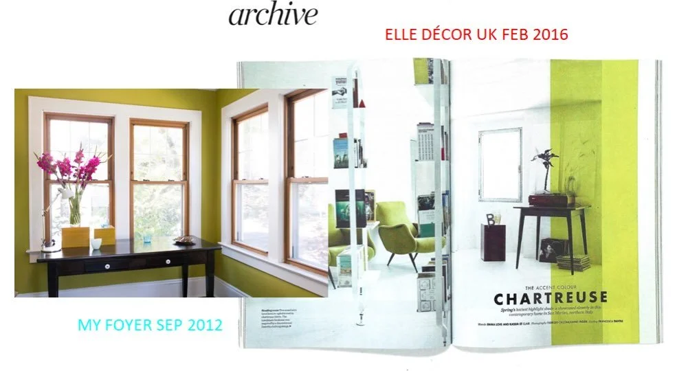 Look what I found: last month Elle Decor UK fished an article about the color CHARTREUSE out of its archives, suggesting its effect as an access color. So glad to see that my favorite interior design magazine and I are in sync, since I chose this ton