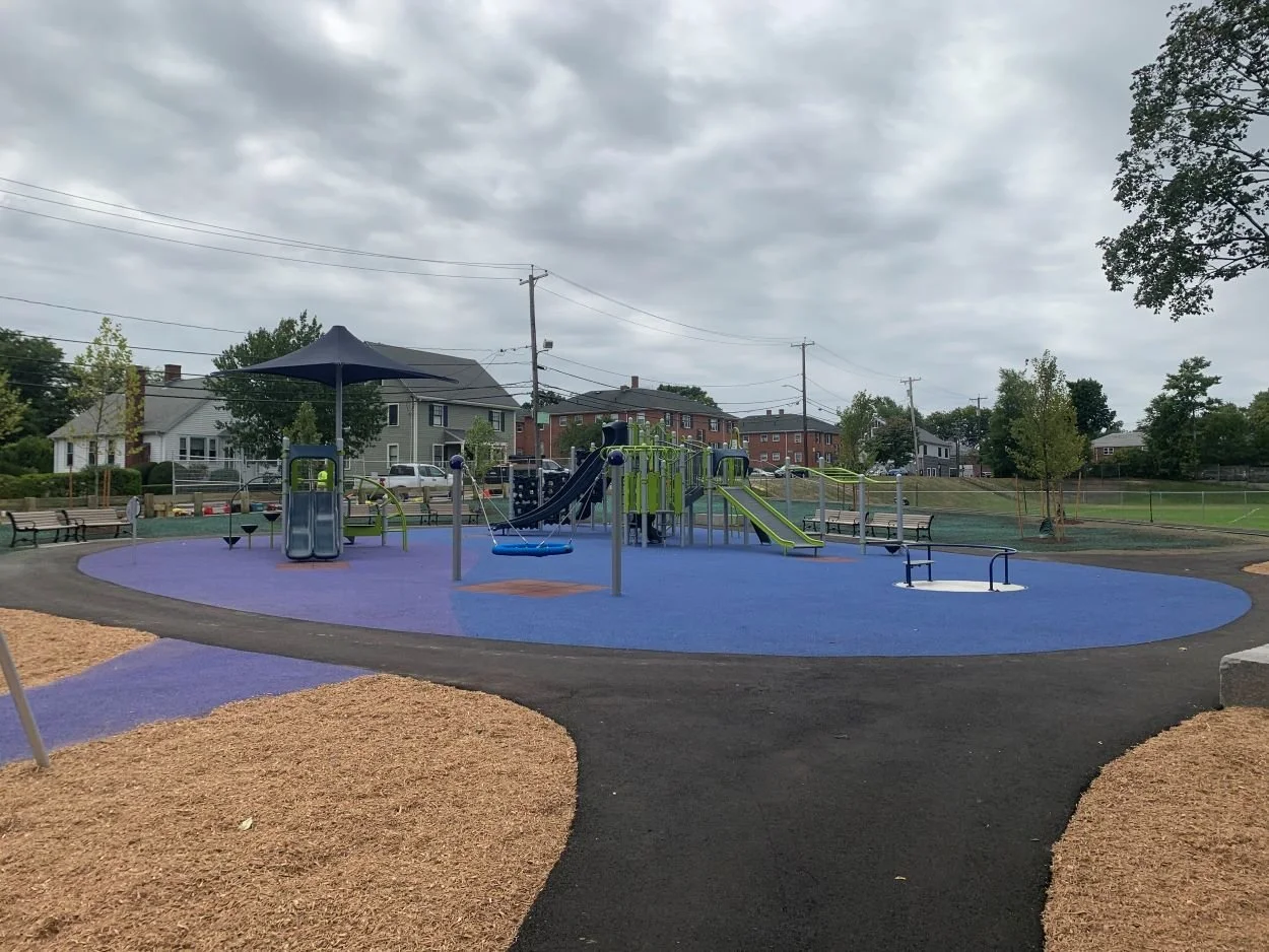 a view of Lussiano Playground with it's blue playscape, slides, swings, and other playground installations. 