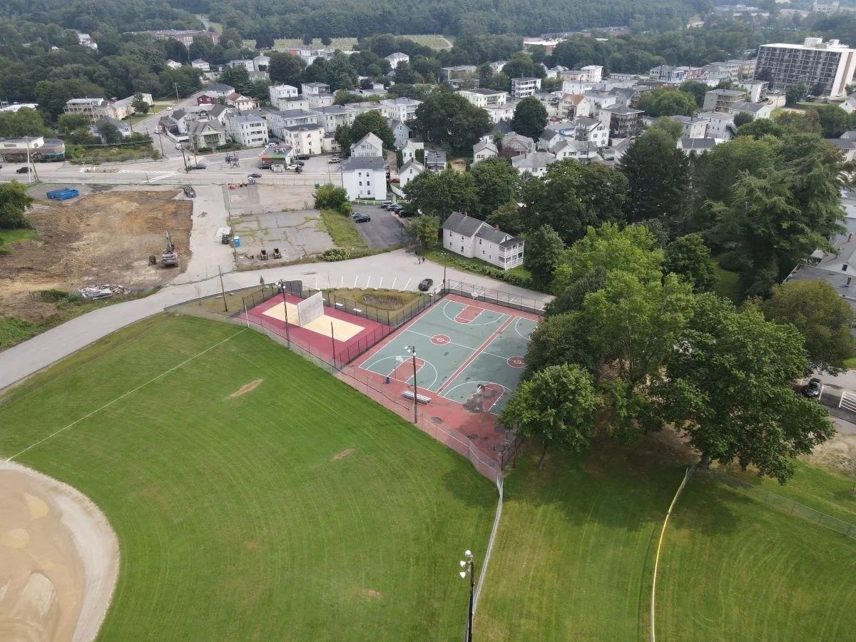 An aerial view of the playground and fields in Southbridge, MA that have been newly installed.