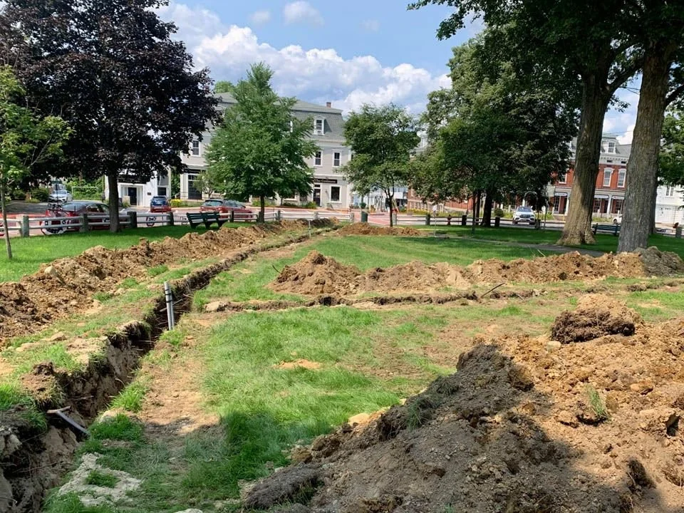 Trenches have been dug in the Grafton Commons to allow for utilities to be run throughout the site.
