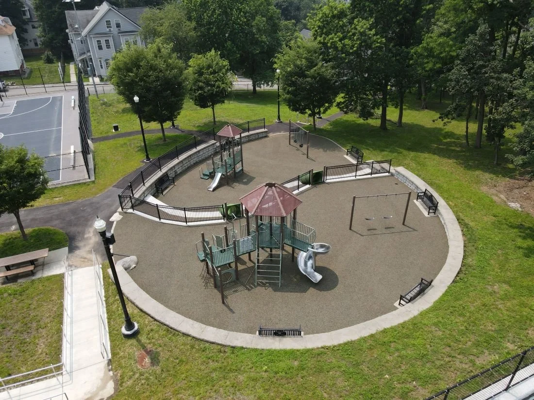 Aerial view of the new playground in Worcester, MA that has been completed by JAM Corporation.