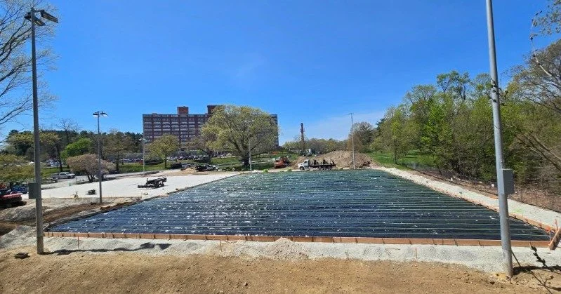 Update to Boston-Franklin Park : Grading is complete, underground electrical infrastructure has been installed, light posts are in place, and the pad is ready for the installation of the new tennis court..