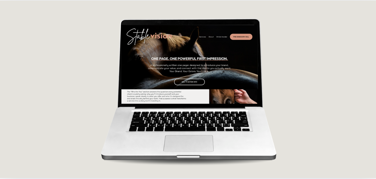 A laptop displaying a website with a horse's head on the screen, featuring text about branding and marketing services.