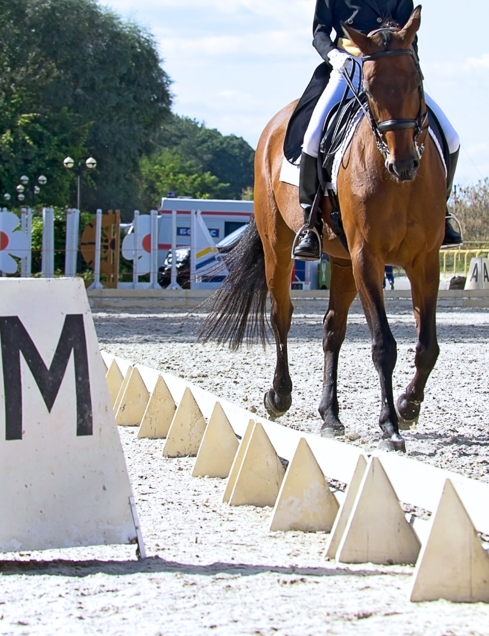 A rider on a brown horse participating in an equestrian competition, with markers and tents in the background on a sunny day.