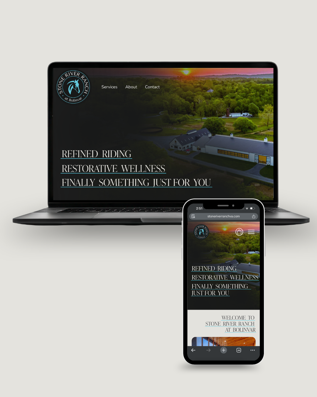Homepage screenshot of Stone River Ranch website, showing a logo, menu options, sunset scenery, and promotional text about riding and wellness on a laptop and mobile device.