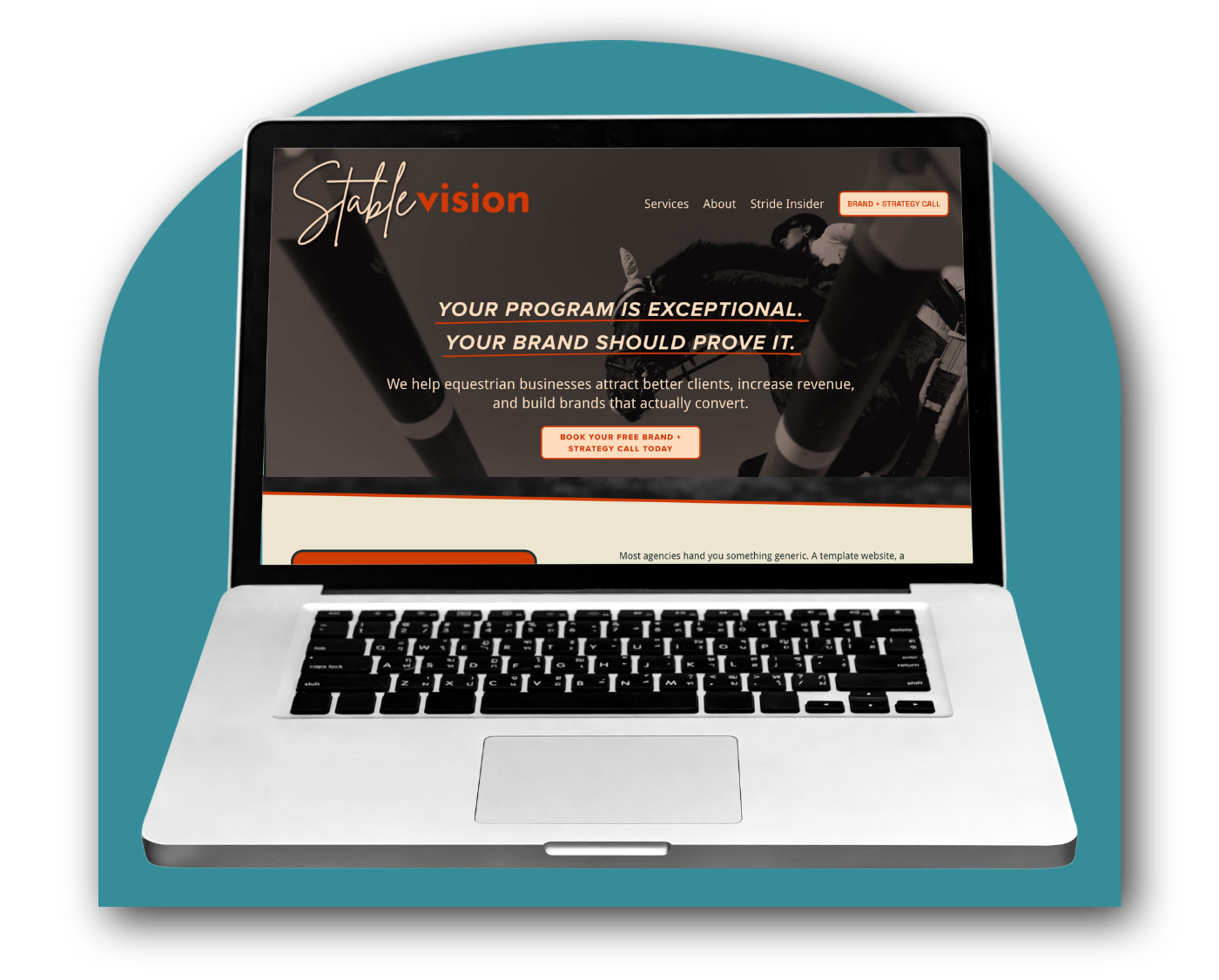 Laptop displaying a website for Stable Vision, a branding and strategy company, with a black background, teal circle behind the laptop, and a visible keyboard.