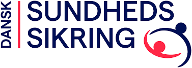 Sundheds Sikring logo with Danish flag and a stylized red and black symbol resembling a nurse's cap or a protective emblem.