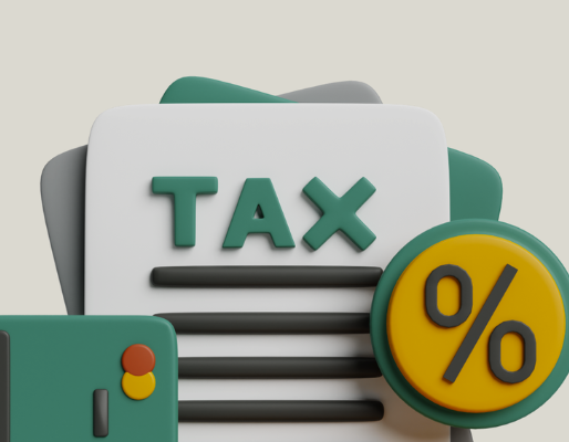 3D illustration of a tax document with the word 'TAX' and a percentage sign, along with a credit card, representing taxation and financial concepts.