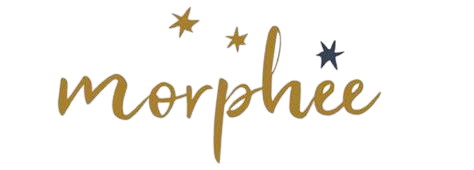 Logo avec le mot 'morphee' écrit en style cursif doré, entouré de petites étoiles dorées et une étoile grise