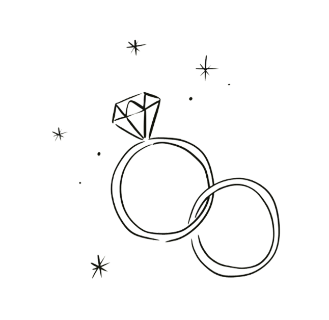 Outline drawing of two wedding rings, one with a diamond, surrounded by small star and sparkle illustrations on a black background.