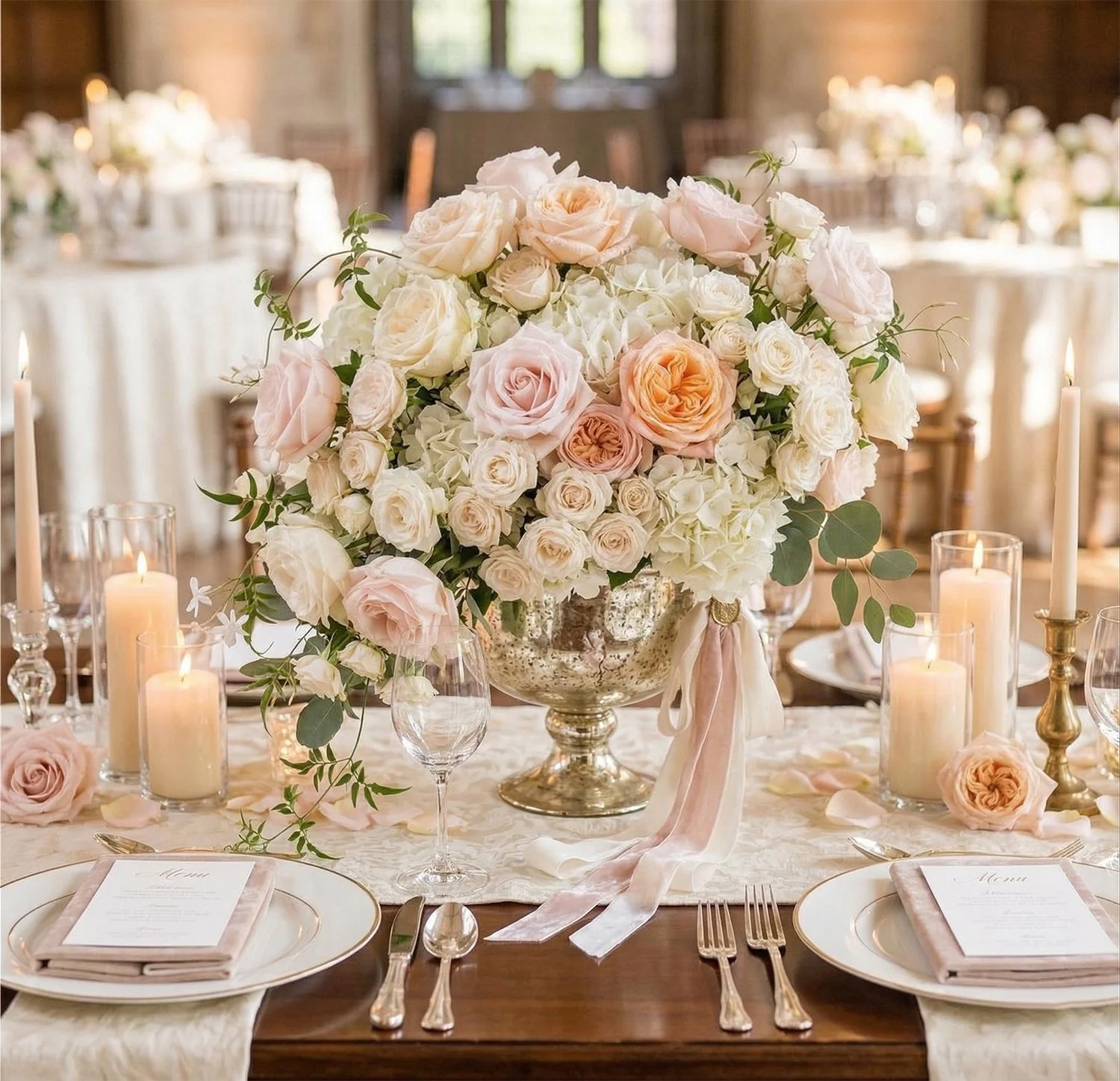 Elegant table setting with a floral centerpiece of white and light pink roses, hydrangeas, surrounded by candles and glassware.