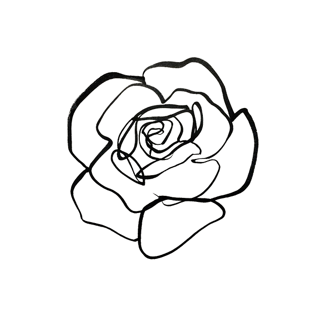 Line drawing of a rose flower on a black background.