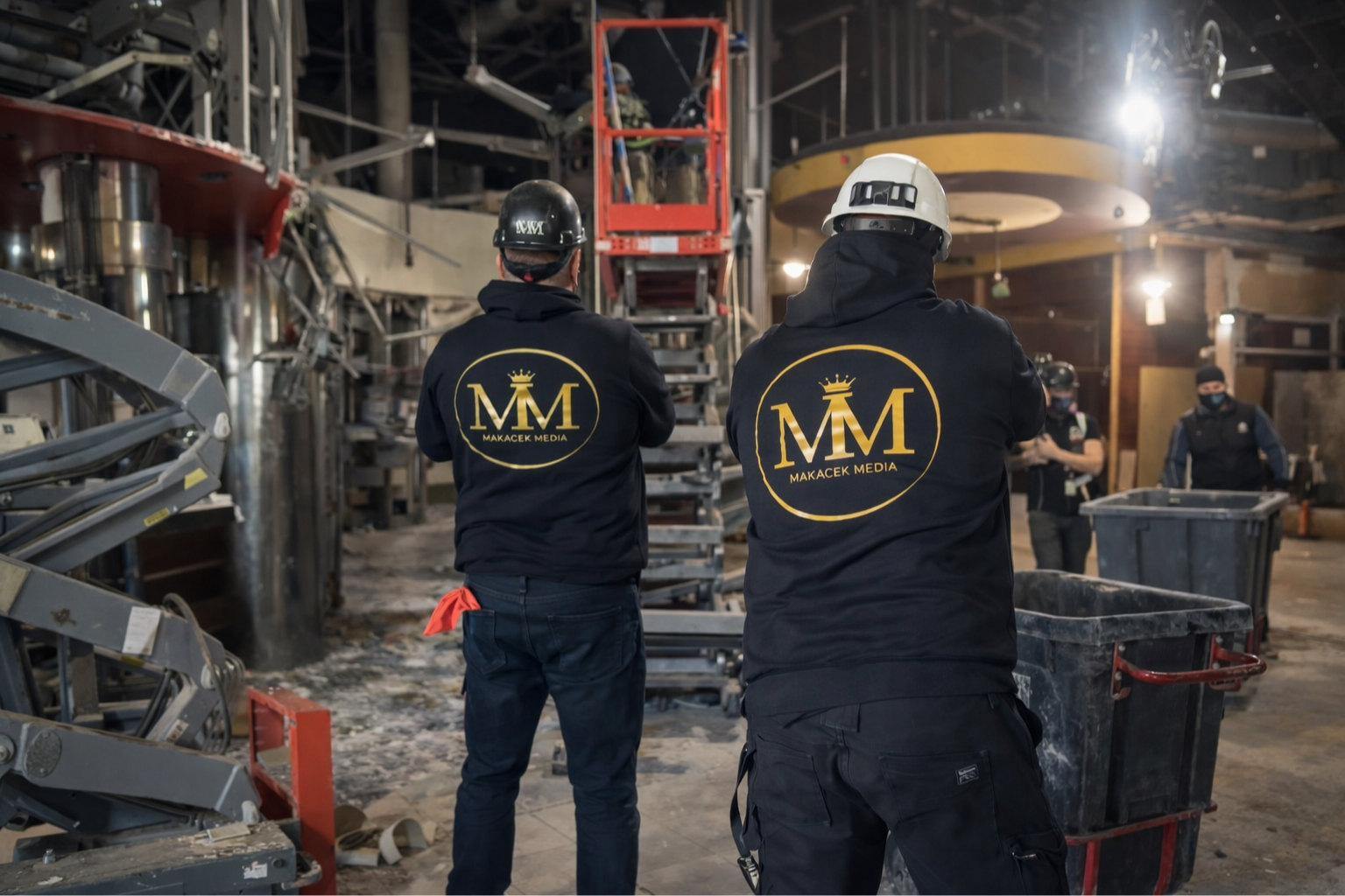 construction content creators at an active job site creating high quality video content