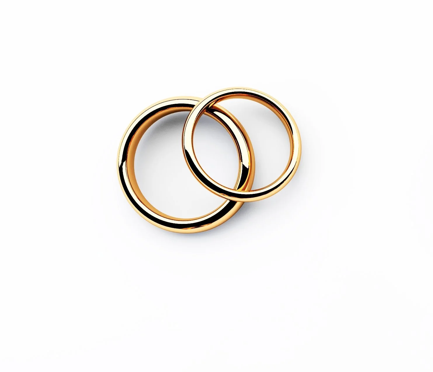 Two gold wedding bands on a white background.