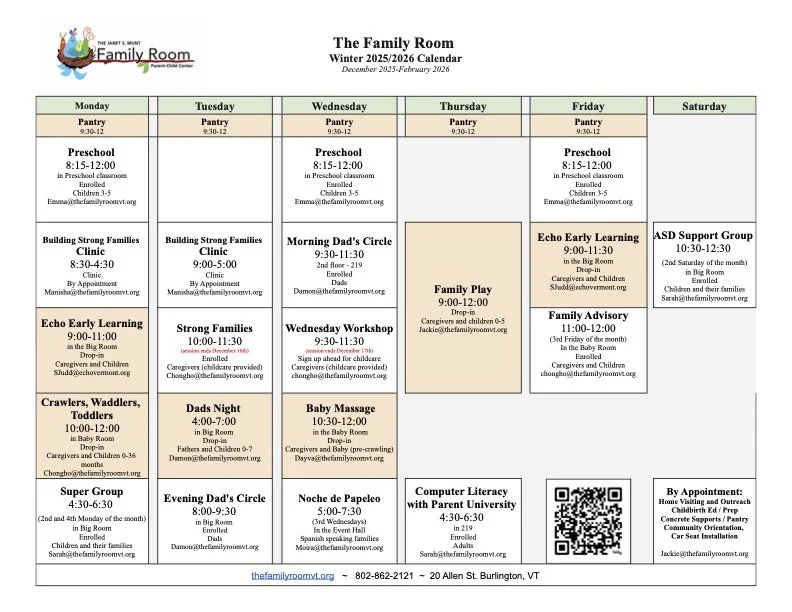 Weekly schedule of activities at The Family Room Preschool for Winter 2025/2026, including times and age groups, organized by days from Monday to Saturday.