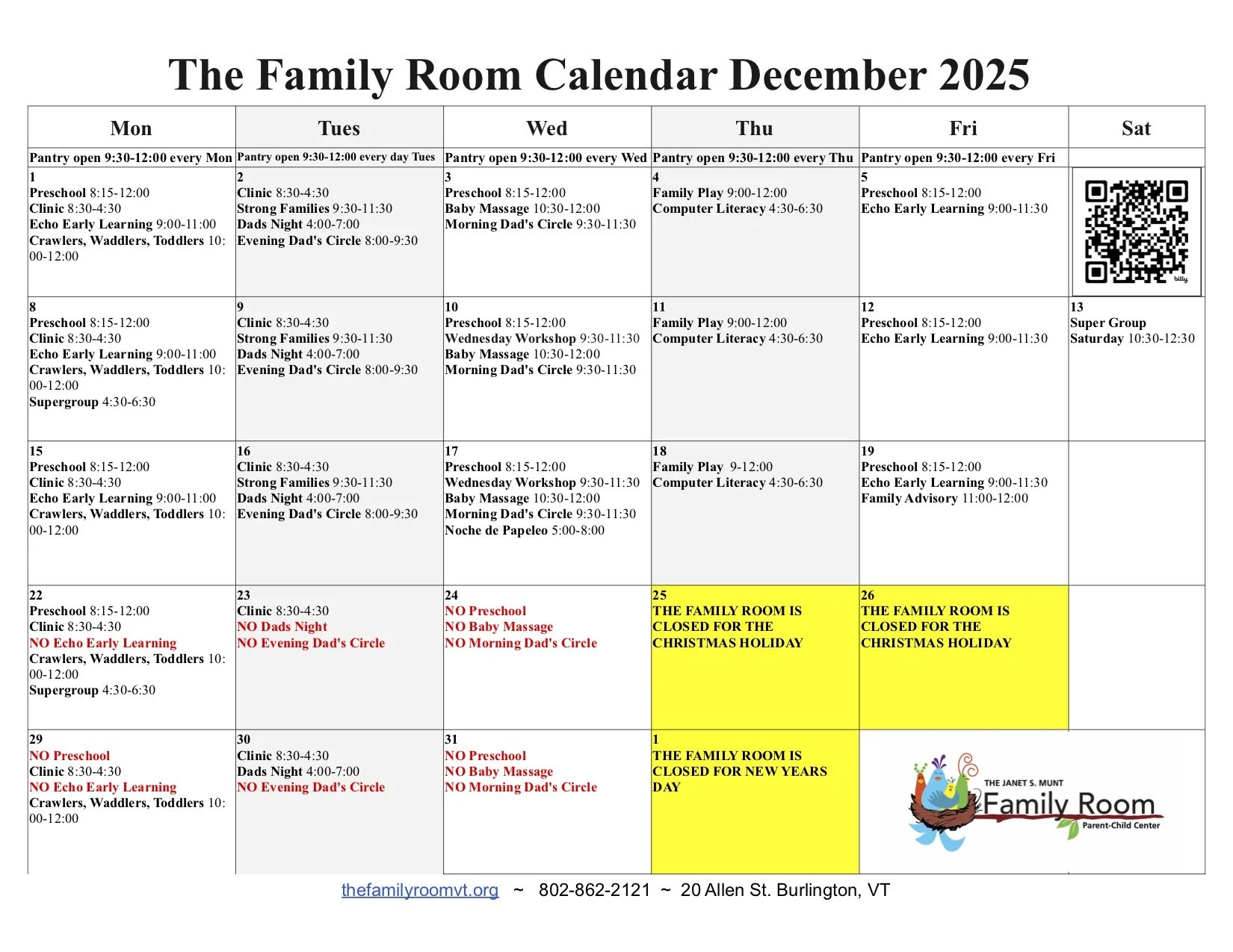 A calendar for The Family Room Child Center in December 2025, showing scheduled activities and closures. Highlights include preschool, clinic, family play, baby massage, and workshop sessions, with some days marked as closed for holidays or other reasons.
