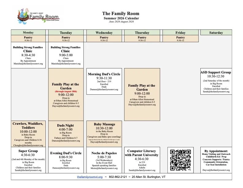 Schedule of classes and appointments on a summer 2026 calendar for The Family Room, showing days and times for various family and community programs from June to August 2026, with a logo of a whale and children.