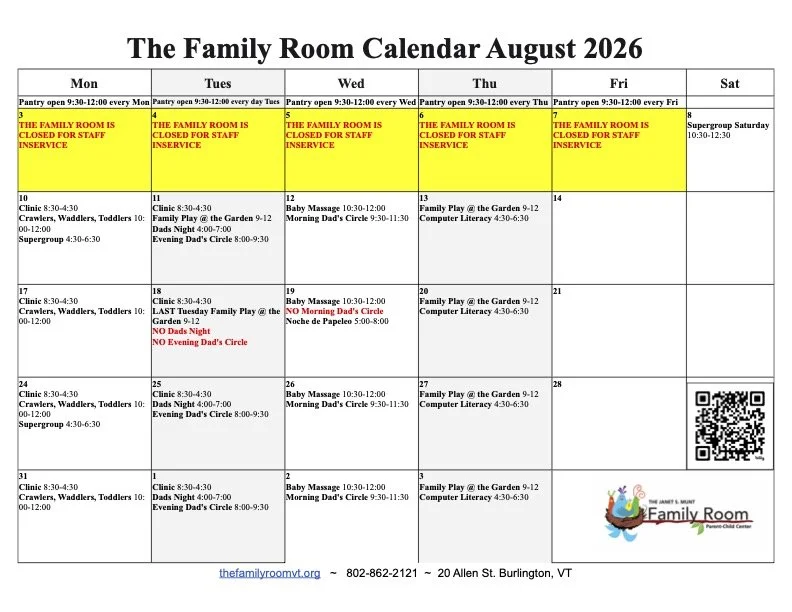 Calendar for The Family Room, August 2026, showing scheduled activities, classes, and closures, with a QR code and contact information at the bottom.