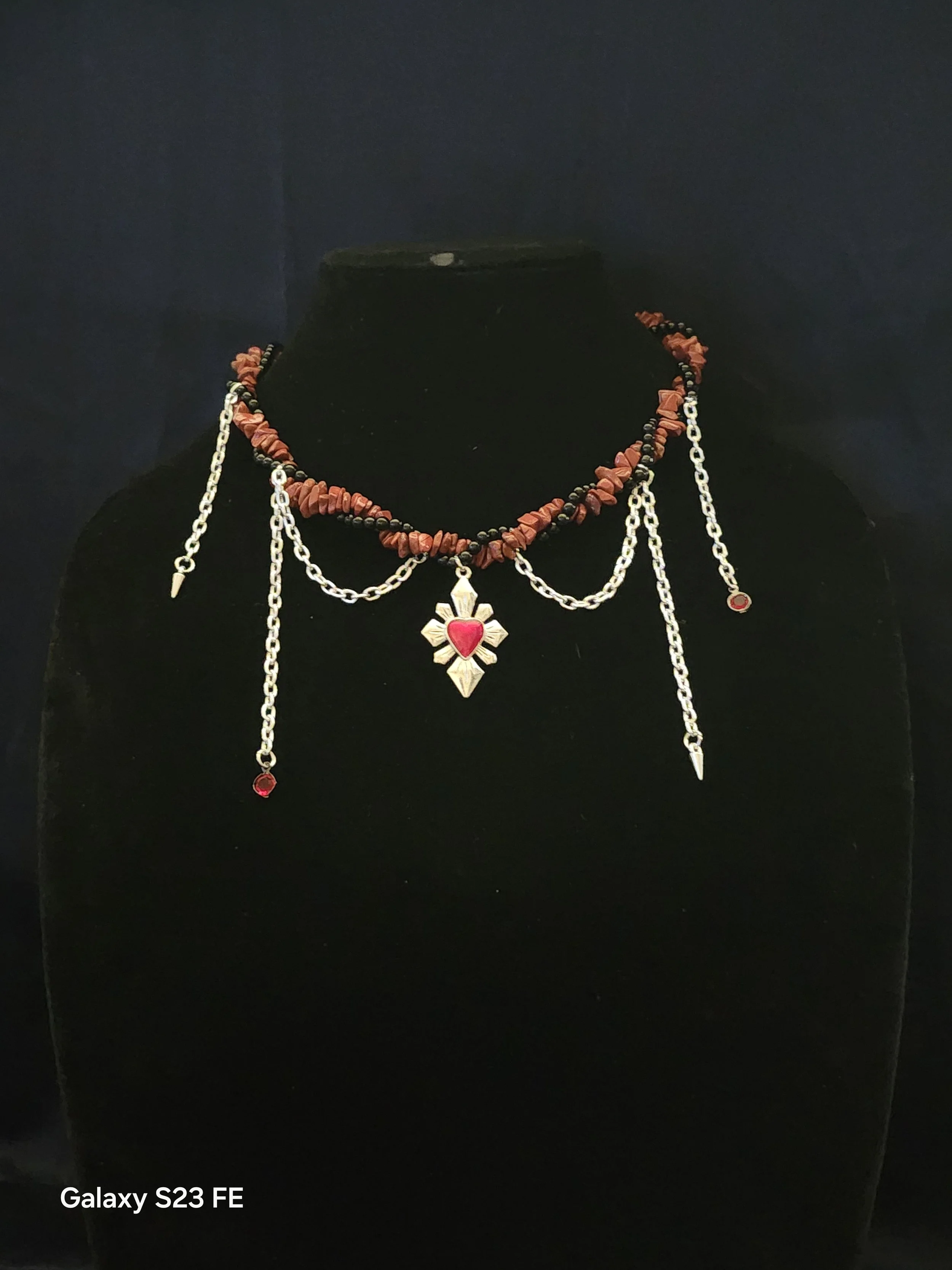 Red Jasper intwined in Black Beading and Silver Heart Pendant