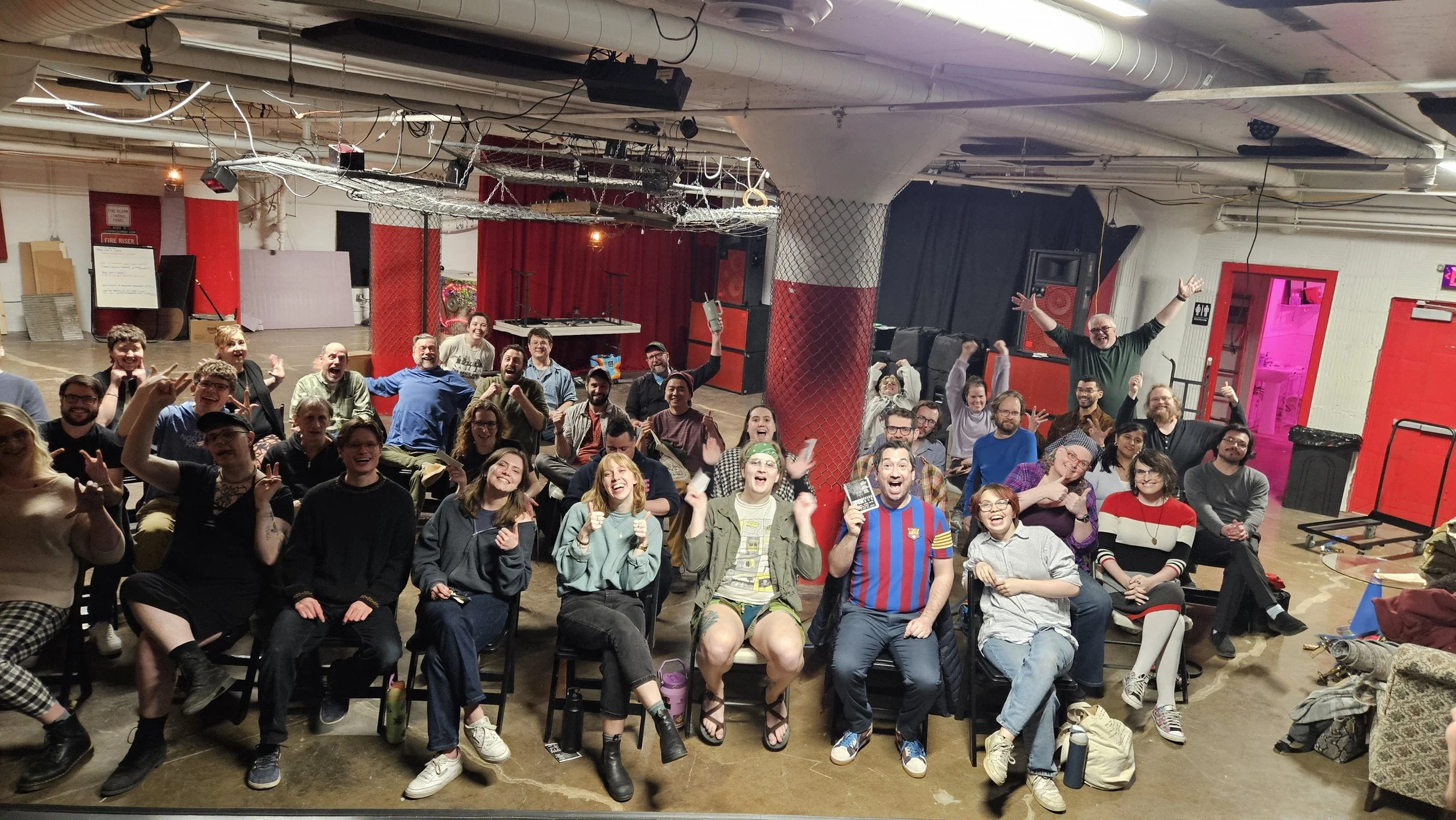 Photo of improvisers of all levels finding joy at our open jam, which is an inclusive community where you meet new people and improvise with others!