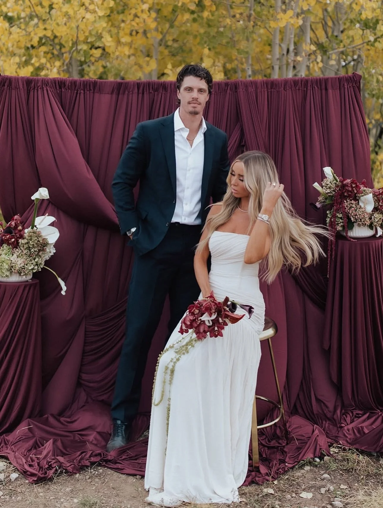 burgundy bride! This backdrop is done right 🤍 and this colour speaks volumes!! 

photo via @hallesexton / @mason_conley19 

photo @aubreebellephotography 
florals @greenhousefloral