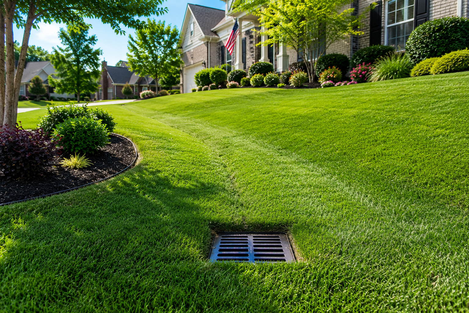 Drainage system installation protecting a residential lawn in Pensacola, Florida