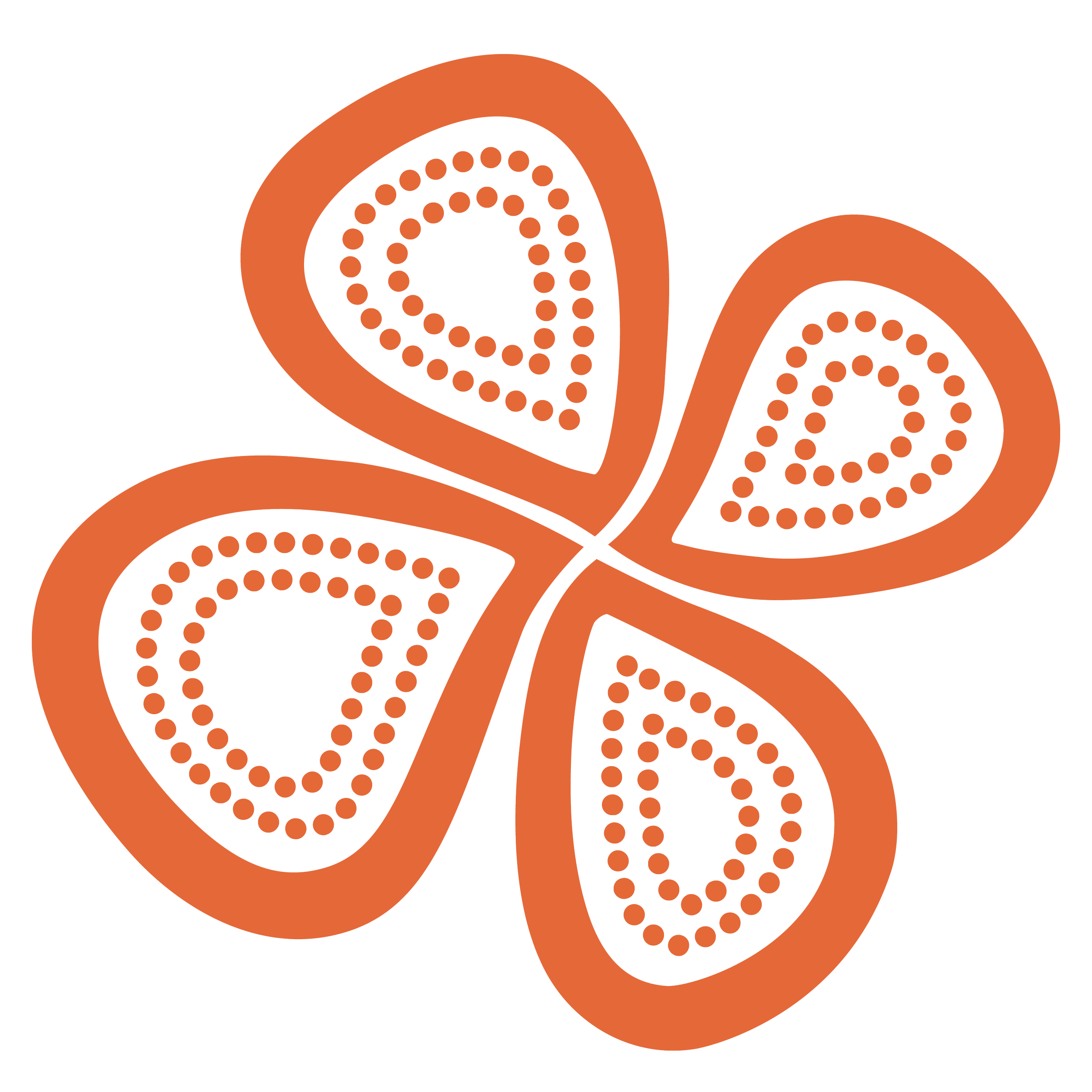 An abstract graphic design featuring orange and black circular shapes with dotted patterns.