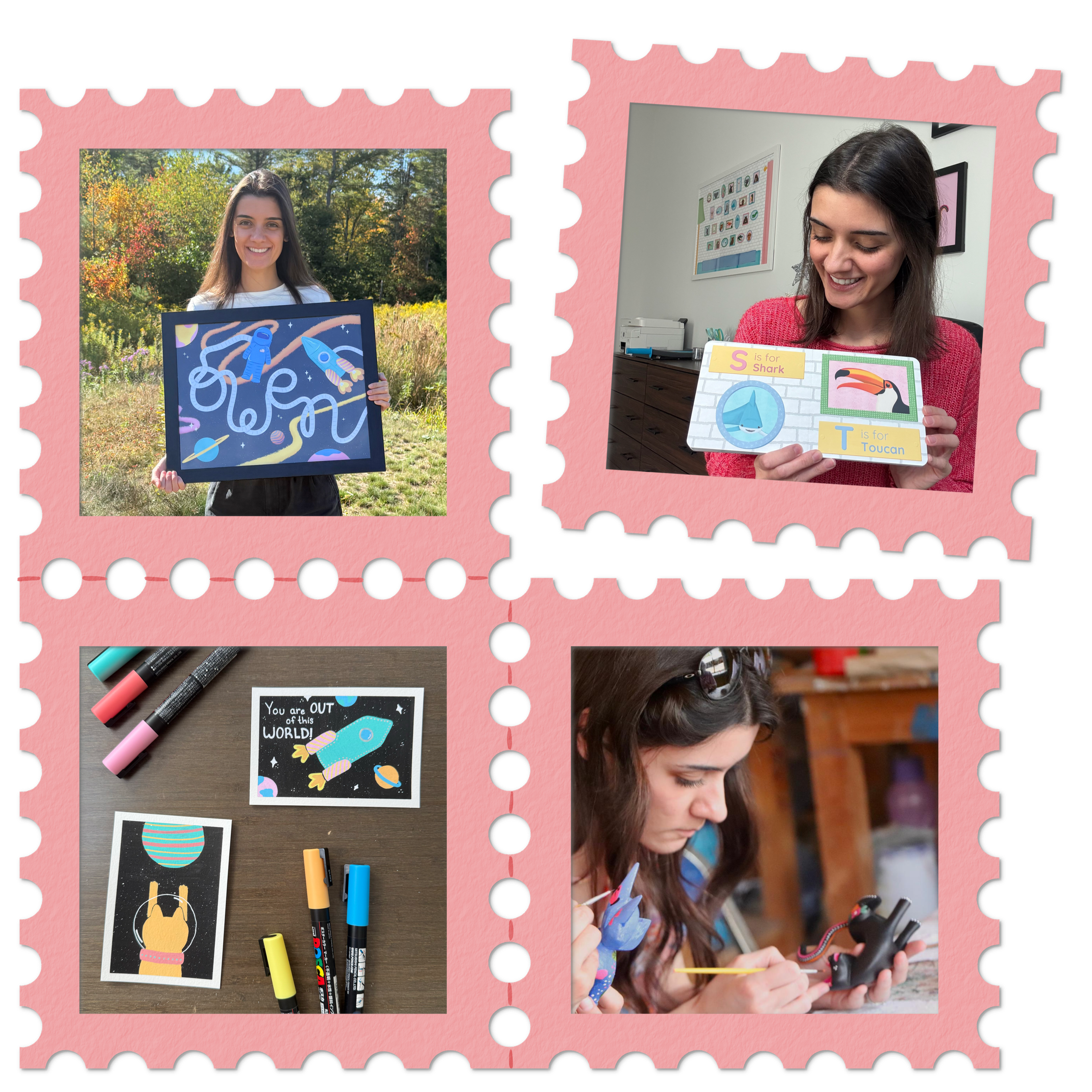 Set of four photos inside stamp-style frames showing Larissa: holding an illustrated space scene featuring the name Owen, showing paint marker artwork, painting a cat alebrije, and displaying an illustrated alphabet book.