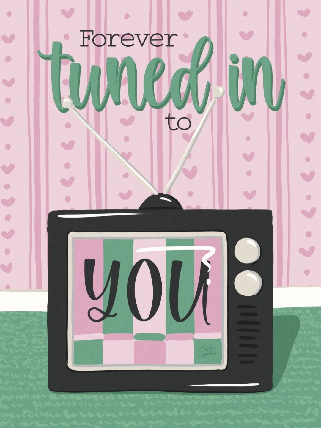 Forever tuned in to you 📺 😘 

The stamp that started this whole collection. Inspired by my Day 12 piece I did for 75 Art with @gennablackburn 
 valentine&rsquo;s day - retro love card - valentines day card - greeting card illustration - love themed