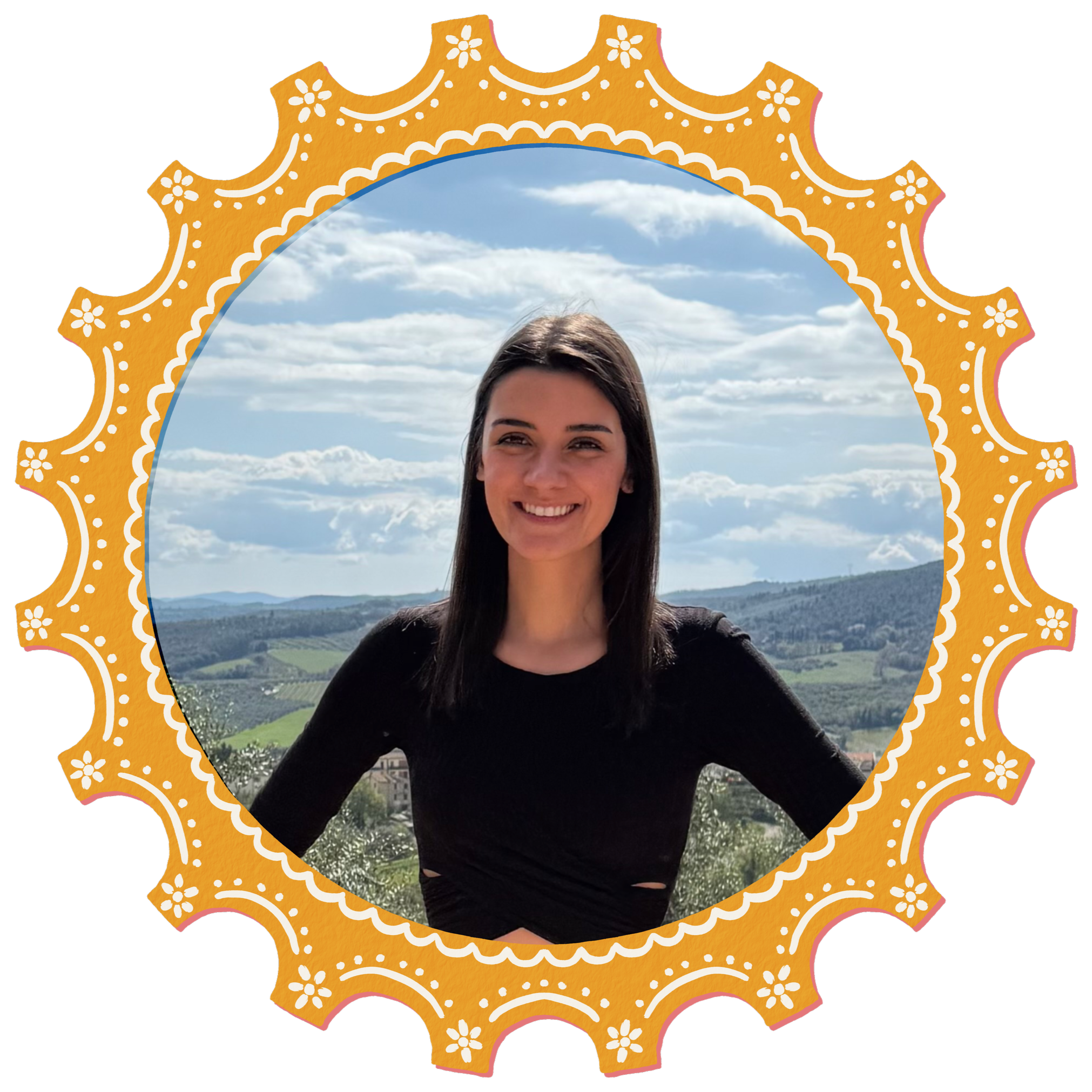 Photo of Sunshine Post Studio owner and artist, Larissa, framed by a yellow circular stamp border with white hand-illustrated decorative motifs.