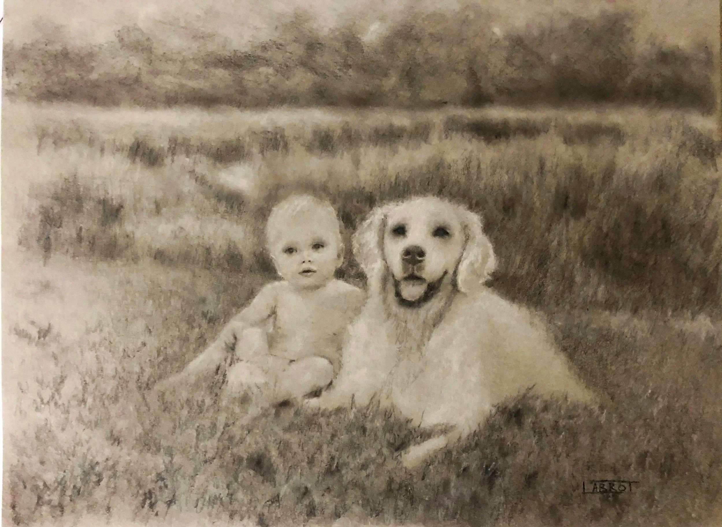 A sepia-toned sketch of a young child sitting on a grassy field next to a happy golden retriever.