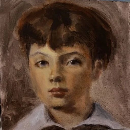 A portrait painting of a young person with short brown hair, fair skin, and light-colored eyes, wearing a collared shirt.