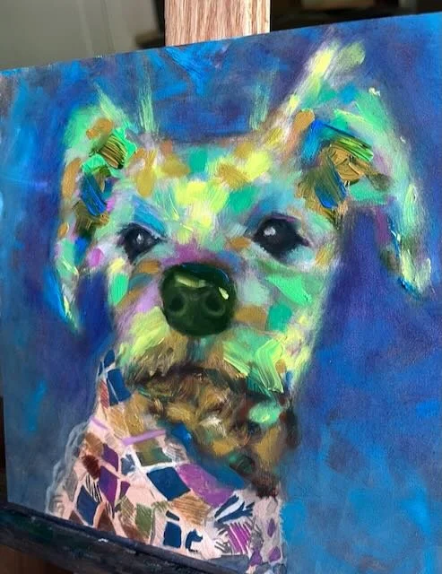 A colorful abstract painting of a dog, featuring a mix of vibrant brushstrokes and patterns with a blue background.