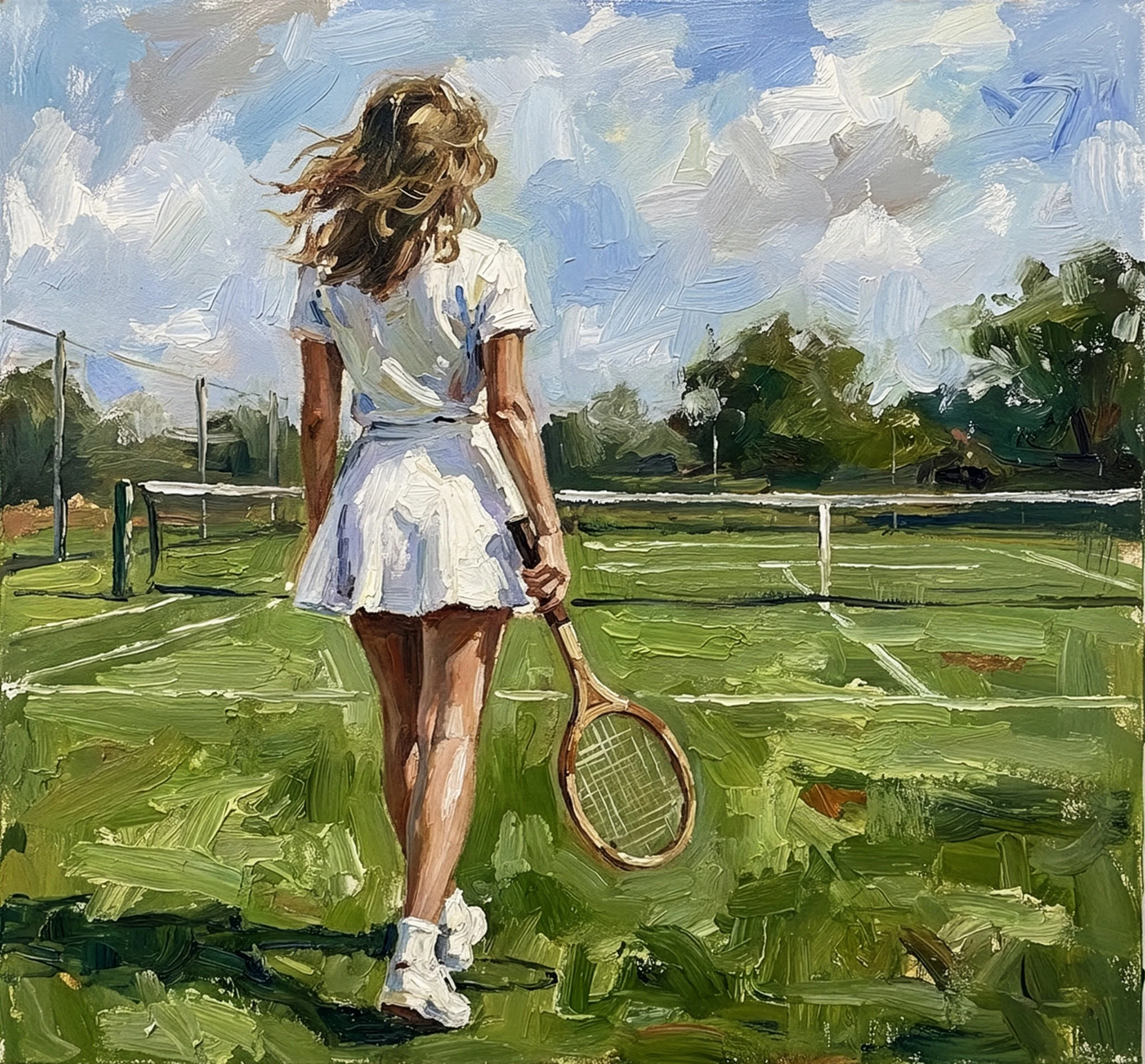 A woman in a white tennis outfit holding a tennis racket on a grass tennis court, with trees and a blue sky with clouds in the background.