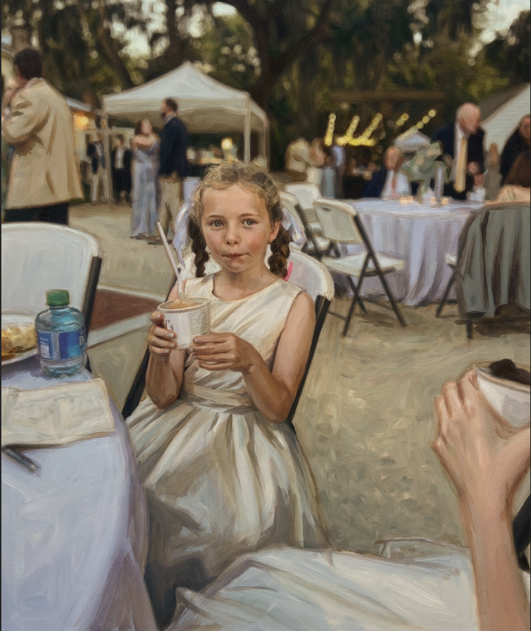 Oil portrait of a young girl with braided hair sitting at an outdoor event, holding a cup, surrounded by tables with tablecloths and chairs, with a canopy and trees in the background created by portrait artist Sarah Labrot in Savannah, Ga.