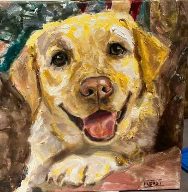Painting of a happy yellow Labrador Retriever puppy with a wide smile and expressive eyes.