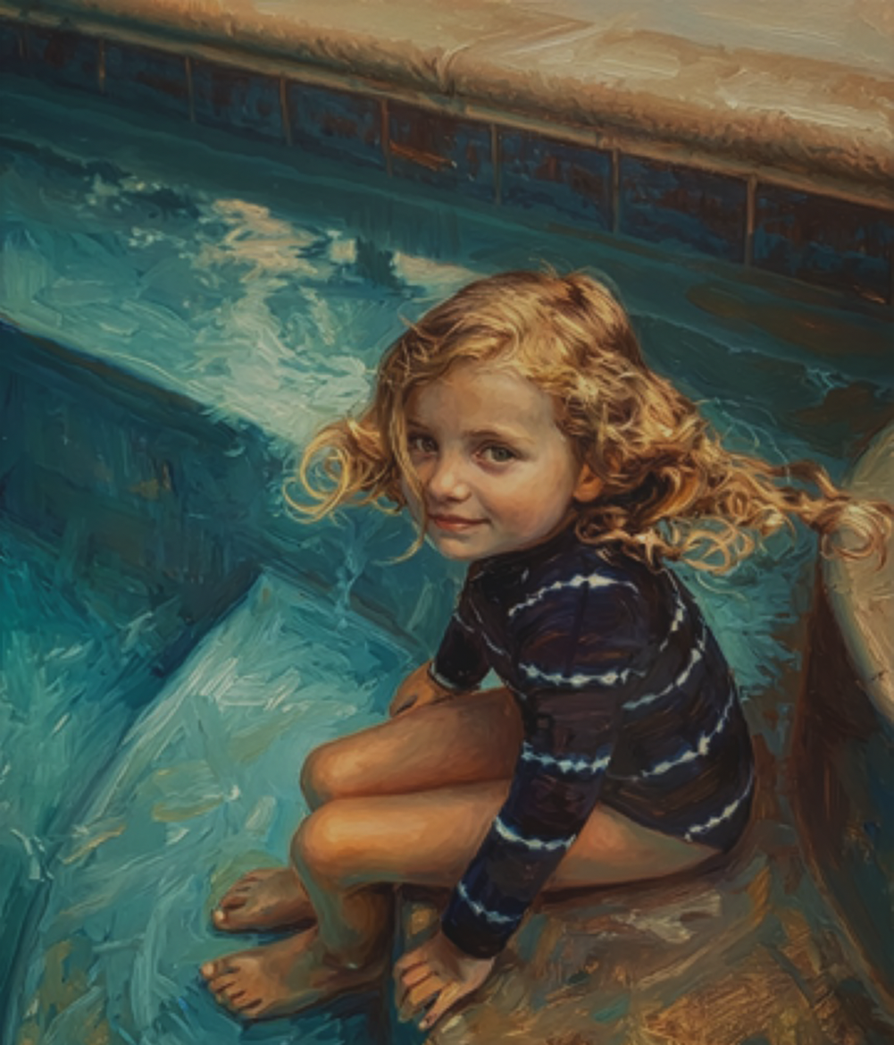 A young girl with curly blond hair sitting at the edge of a pool, looking up at the camera, wearing a dark long-sleeve shirt with white stripes.