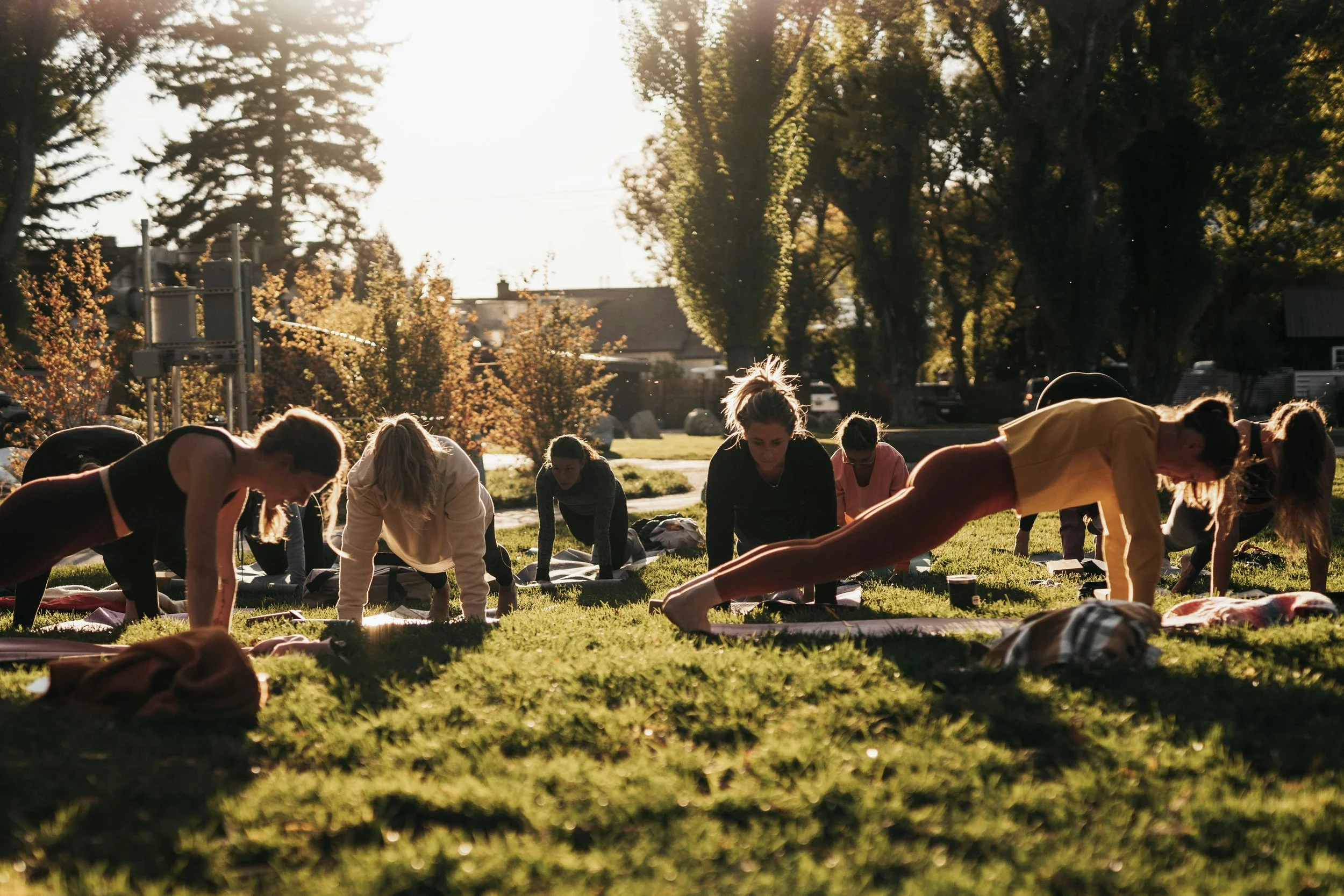 A group of people participating in an outdoor yoga class on a grassy field during sunset.